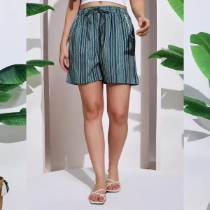 Women's Teal Blue Striped Print Cotton Short Trousers - Image 4