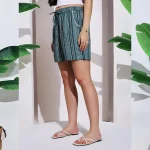 Women's Teal Blue Striped Print Cotton Short Trousers - Image 6