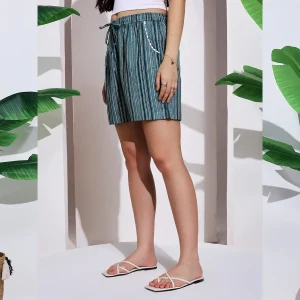 Women's Teal Blue Striped Print Cotton Short Trousers - Image 6