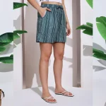 Women's Teal Blue Striped Print Cotton Short Trousers - Image 5