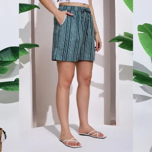 Women's Teal Blue Striped Print Cotton Short Trousers - Image 5
