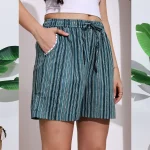 Women's Teal Blue Striped Print Cotton Short Trousers - Image 7