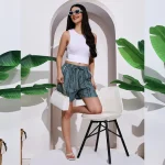 Women's Teal Blue Striped Print Cotton Short Trousers - Image 2
