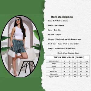 Women's Teal Blue Striped Print Cotton Short Trousers - Image 3