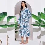 Women's White Blue Floral Print Cotton Bath Robe - Image 4