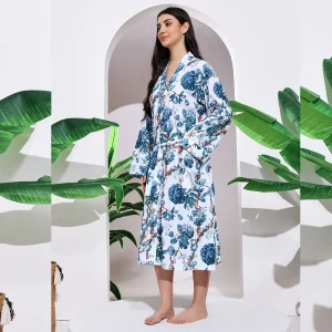 Women's White Blue Floral Print Cotton Bath Robe - Image 4