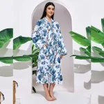 Women's White Blue Floral Print Cotton Bath Robe - Image 5