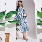 Women's White Blue Floral Print Cotton Bath Robe