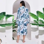 Women's White Blue Floral Print Cotton Bath Robe - Image 6