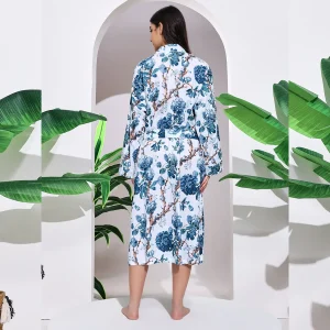 Women's White Blue Floral Print Cotton Bath Robe - Image 6