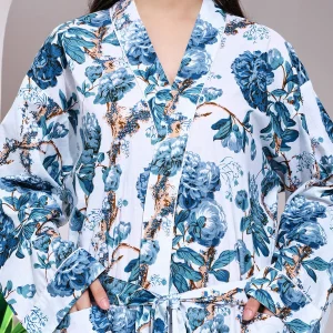 Women's White Blue Floral Print Cotton Bath Robe - Image 7