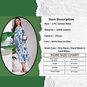 Women's White Blue Floral Print Cotton Bath Robe - Image 3