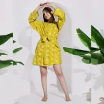 Yellow Floral Print Cotton Robe Comfortable Kimono Dress - Image 2