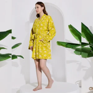 Yellow Floral Print Cotton Robe Comfortable Kimono Dress - Image 4