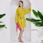 Yellow Floral Print Cotton Robe Comfortable Kimono Dress
