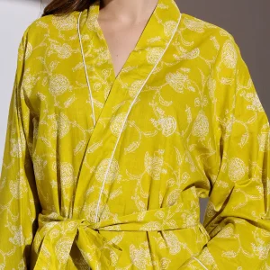 Yellow Floral Print Cotton Robe Comfortable Kimono Dress - Image 7