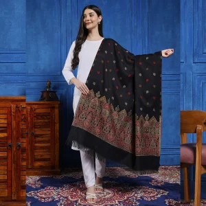 Beautiful Black Leaf Design Wool Shawl - Image 3