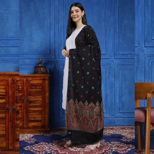 Beautiful Black Leaf Design Wool Shawl - Image 4