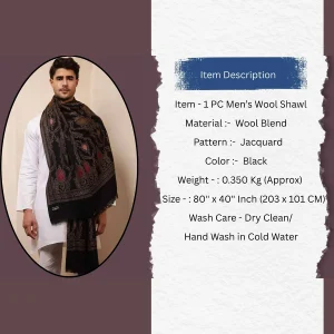 Black Mughal Design Wear Pashmina Men's Shawl - Image 11
