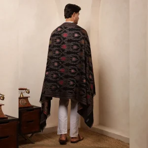 Black Mughal Design Wear Pashmina Men's Shawl - Image 10