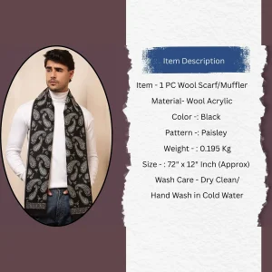 Black Paisley Men's Wool Muffler / Scarf - Image 9