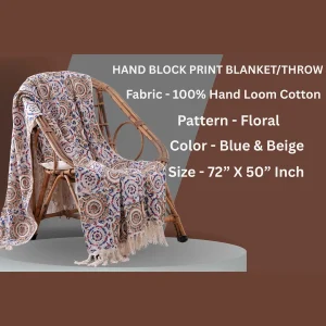 Block Print Blue Throw Hand Loomed Wrap Sofa Floral Blanket - Image 3