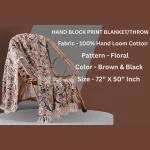 Bohemian Hand Block Printed Cotton Twin Soft Throw Black Floral - Image 3