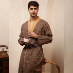 Brown Smoky Diamond Print Cotton Men's Bath Robe / Kimono
