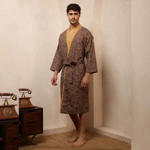 Brown Smoky Diamond Print Cotton Men's Bath Robe / Kimono - Image 4