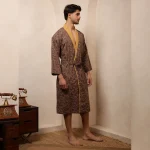 Brown Smoky Diamond Print Cotton Men's Bath Robe / Kimono - Image 5