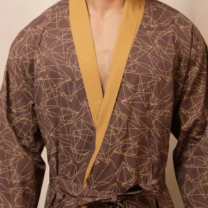Brown Smoky Diamond Print Cotton Men's Bath Robe / Kimono - Image 6