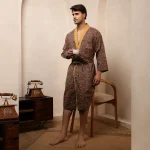 Brown Smoky Diamond Print Cotton Men's Bath Robe / Kimono - Image 2