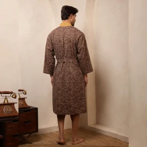 Brown Smoky Diamond Print Cotton Men's Bath Robe / Kimono - Image 7