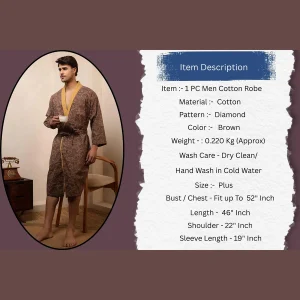 Brown Smoky Diamond Print Cotton Men's Bath Robe / Kimono - Image 8