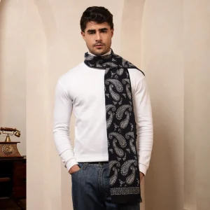 Cashmere Men Winter Warm Soft Wool Scarf Navy Blue Paisley Muffler - Image 3