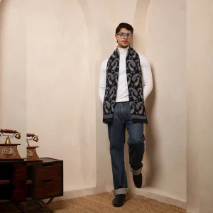 Cashmere Men Winter Warm Soft Wool Scarf Navy Blue Paisley Muffler - Image 5