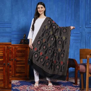Festive Black Reversible, Wool, Shawl Mughal Woven Design - Image 3