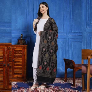 Festive Black Reversible, Wool, Shawl Mughal Woven Design - Image 4