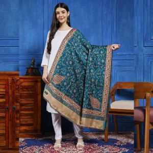 Green Floral Large Hand-Cut Kani Jamavar Wool Shawl - Image 3