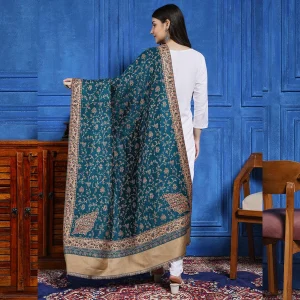Green Floral Large Hand-Cut Kani Jamavar Wool Shawl - Image 5