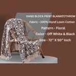 Handloom Cotton Sofa Throw Black Floral Hand Block Printed - Image 3