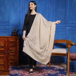 Handmade Sequins Work Deer Stole Beige Soft Wool Scarf - Image 4