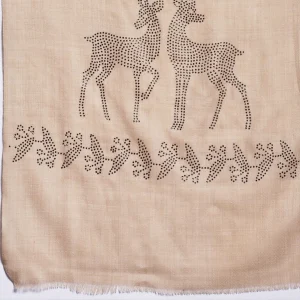 Handmade Sequins Work Deer Stole Beige Soft Wool Scarf - Image 6