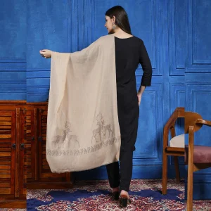 Handmade Sequins Work Deer Stole Beige Soft Wool Scarf - Image 5