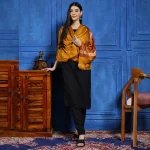 Handwoven Kashmiri Pashmina Stole with Mustard Abstract Design - Image 3
