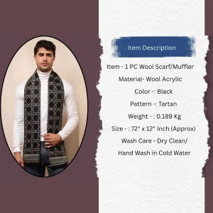 Indian Black Color Soft Wool Muffler Tartan Pattern - Image 9