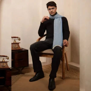 Indian Handmade Blue Herringbone Wool Muffler - Image 5