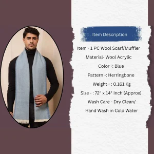 Indian Handmade Blue Herringbone Wool Muffler - Image 9