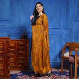 Indian Mustard Jacquard Winter Wool Shawl - Image 4
