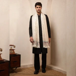 Indian Pashmina Soft Wool Shawl White Floral Cashmere Stole - Image 6